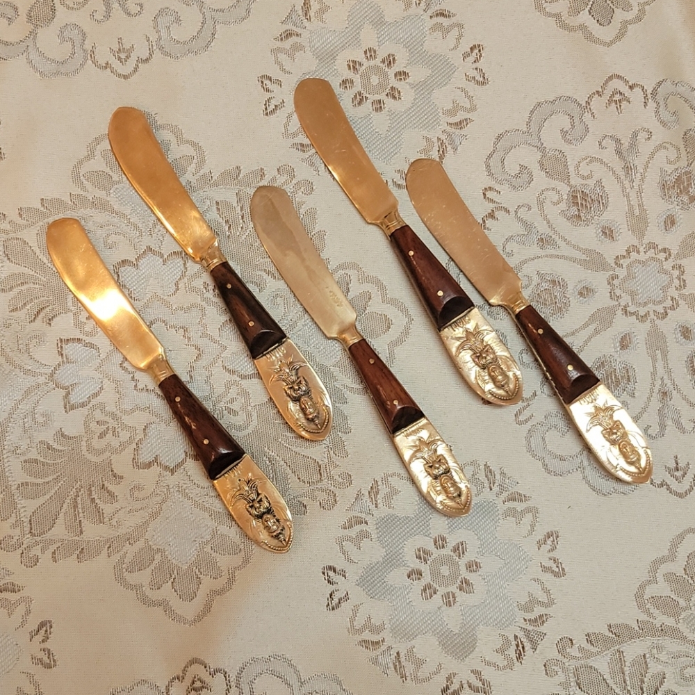 RARE Vintage 1960 T James SIAM Buddha Style Brass Rosewood butter knives 5pc